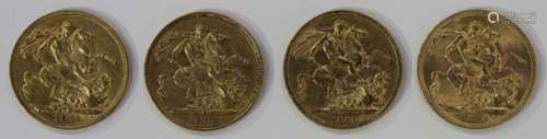 Two Victoria Jubilee Head sovereigns, 1890 and 1892, and two George V sovereigns, 1911 and 1914.