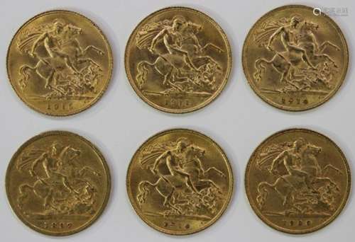 A group of six half-sovereigns, comprising Victoria Old Head 1897, Edward VII 1906 and four George