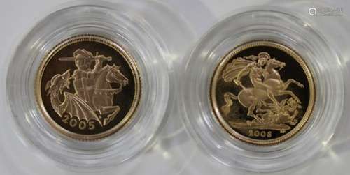 An Elizabeth II two-coin gold proof set, comprising two half-sovereigns, 2005 and 2006, with a Royal