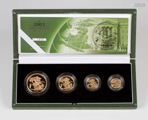 An Elizabeth II United Kingdom 2003 four-coin gold proof set, comprising five pounds, double-