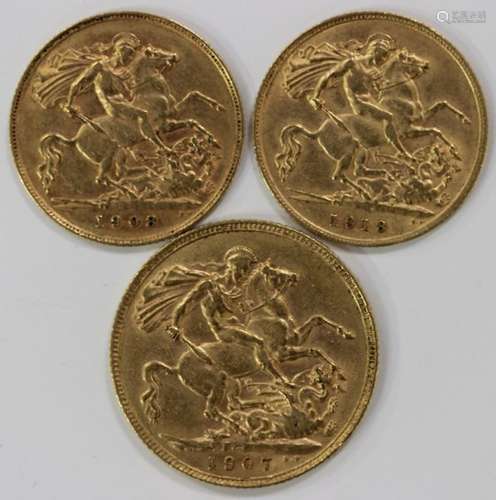 An Edward VII sovereign 1907, an Edward VII half-sovereign 1908 and a George V half-sovereign 1913.