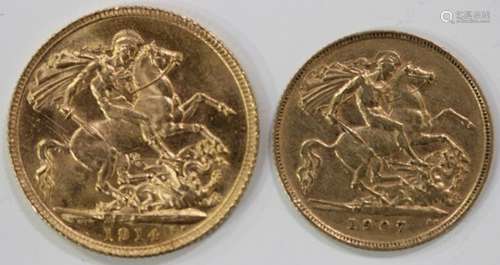 A George V sovereign 1914 and an Edward VII half-sovereign 1907.Buyer’s Premium 29.4% (including VAT