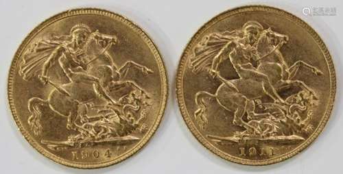 An Edward VII sovereign 1904 and a George V sovereign 1911.Buyer’s Premium 29.4% (including VAT @