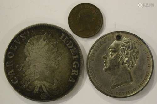 A Charles II crown 1662 rose below bust, a William IV white metal commemorative medal and a Victoria