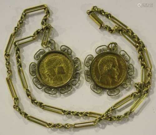 Two France gold twenty francs, 1854 and 1901, each within a pendant mount, and a gold oval bar and