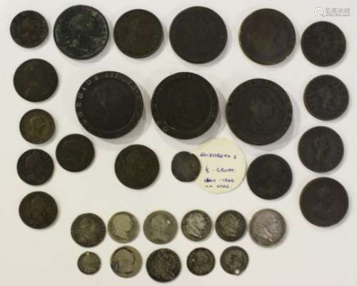 A group of 16th, 17th and 18th century British coins, including three George III cartwheel