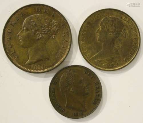 A William IV farthing 1836, a Victoria halfpenny 1854, uncirculated, and a Victoria halfpenny