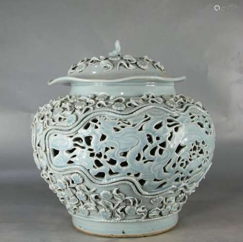 CHINESE CELADON GLAZED OPEN WORK PORCELAIN JAR