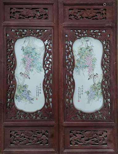 CHINESE FAMILLE ROSE PORCELAIN WALL PANELS, PAIR