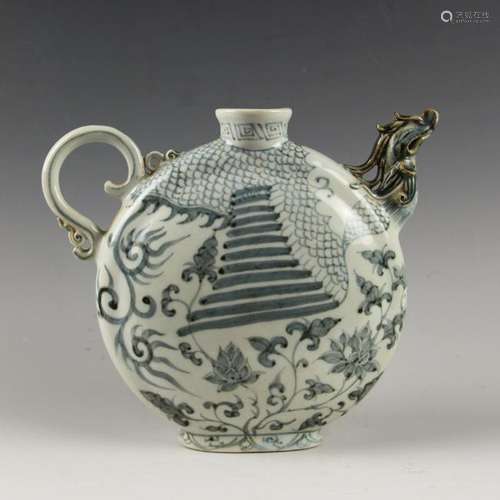 CHINESE BLUE WHITE PHOENIX MOON FLASK PITCHER