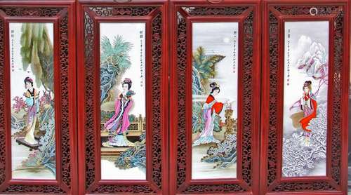 CHINESE FAMILLE ROSE PORCELAIN WALL PANELS, SET OF