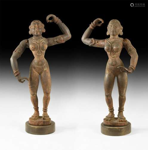 Indian Wooden Dancer Statue Pair