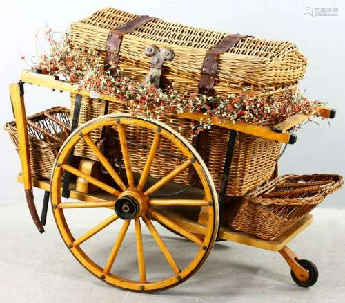 Wicker Basket Wagon with 2 Wicker Trays