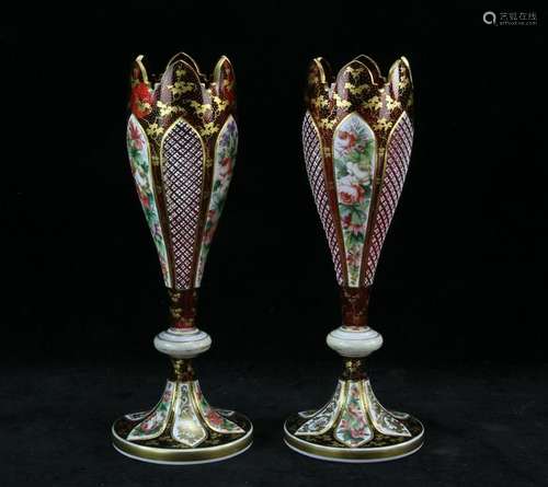 Pair of Bohemian Decorated Glass Vases