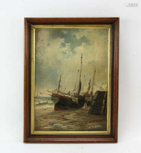 19thC Sailboat on Sandy Shore, Oil on Canvas