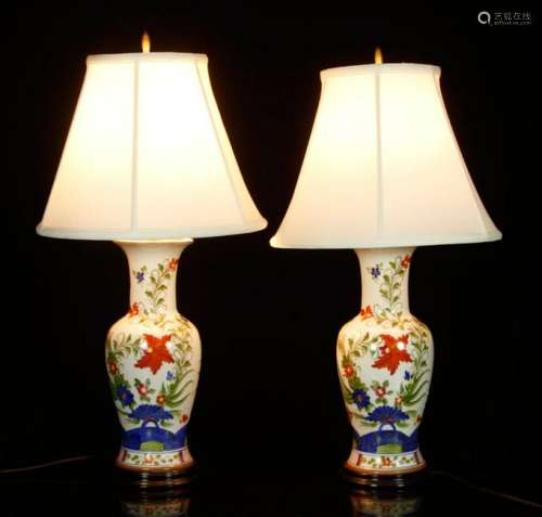 Pair of Porcelain Hand Decorated Vase Lamps