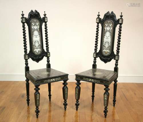 Pair of 19thC Italian Bone Inlaid Chairs