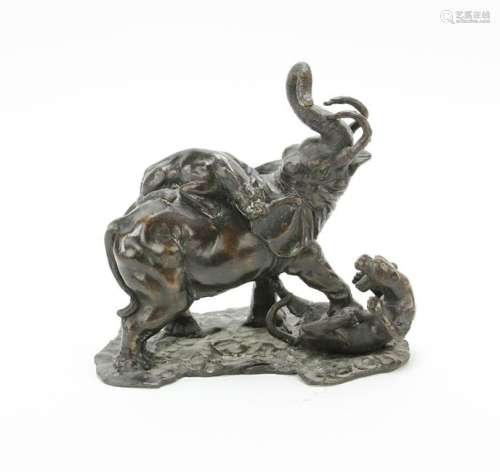 Elephant and Lions Bronze Sculpture
