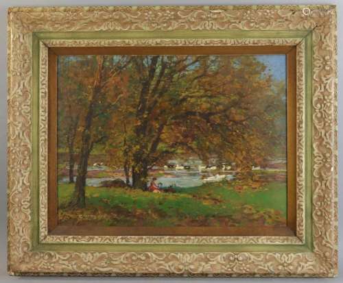 George Weil, Boston Duck Pond, Oil Watercolor