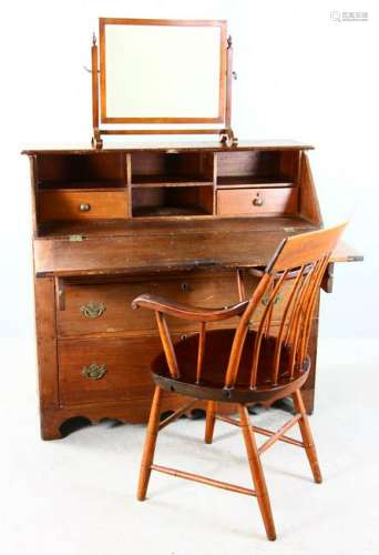 Early American Slant Lid Desk, Chair, Mirror
