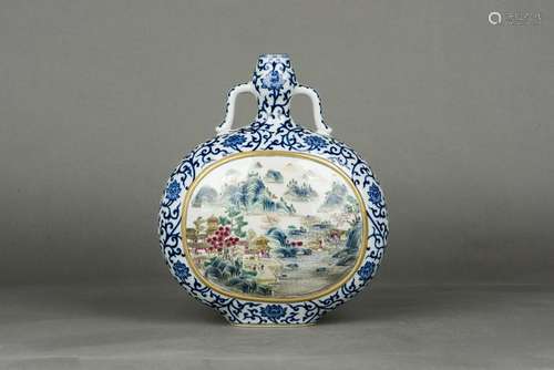 A BLUE AND WHITE AND FAMILLE ROSE MOON-FLASK VASE