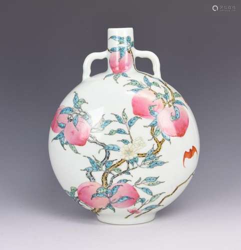 A FAMILLE ROSE 'EIGHT PEACHES' MOON FLASK, YONGZHENG