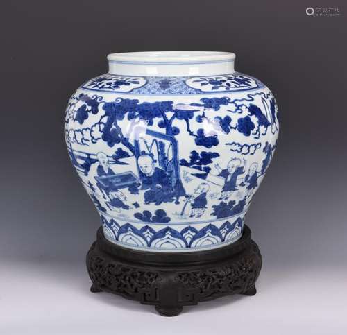 A BLUE AND WHITE 'HUNDERD BOYS' JAR, JIAJING PREIOD