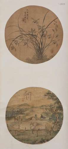 A CHINESE DOUBLE FAN SCROLL PAINTING