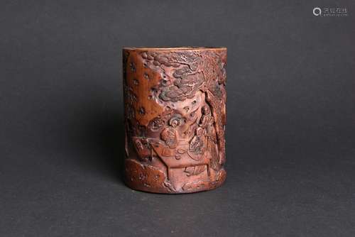 A BAMBOO CARVED 'BEAUTY' BRUSH POT