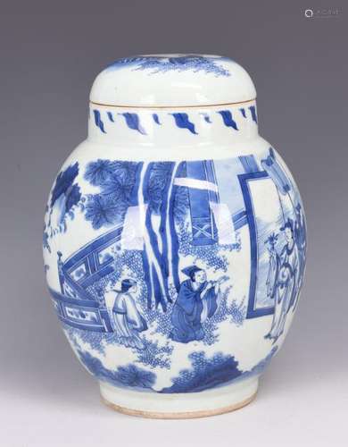 A BLUE AND WHITE 'FIGURAL' PORCELAIN JAR WITH COVER