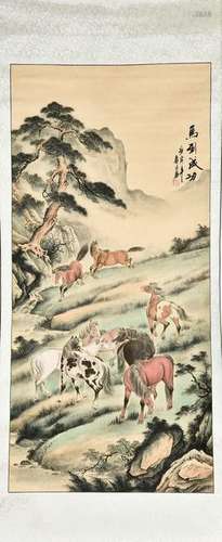 A CHINESE SCROLL PAINTING OF HORSES