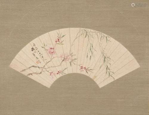 A CHINESE FAN PAINTING OF WILLOW AND PEACH BLOSSOM