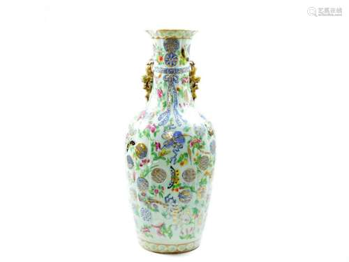 Large Fine Chinese Celadon-Ground Famille Rose Vase