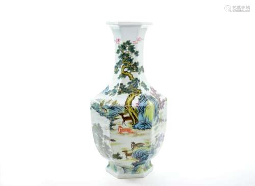 Rare Chinese Famille Rose Hexagonal Deer Vase