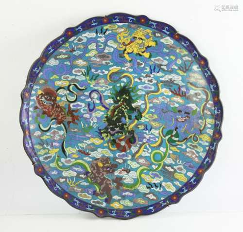 19thC Chinese Cloisonne Charger, Foo Dog