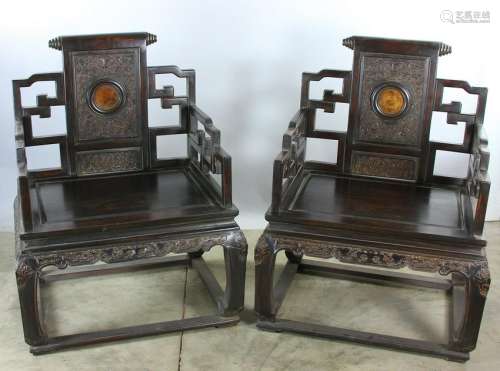 Pair of Large Carved Zitan Chairs