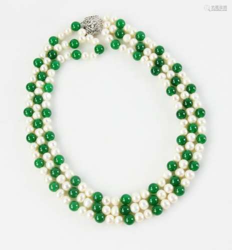 Triple Strand Pearl and Jade Necklace