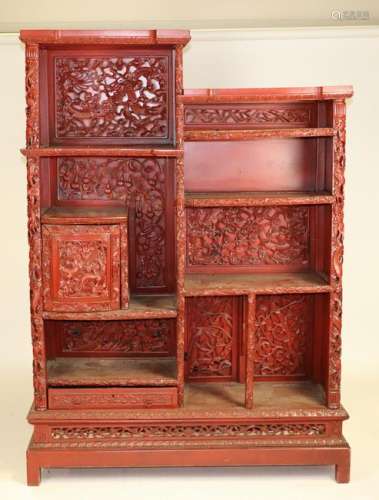 19thC Chinese Red Hardwood Etagere Cabinet