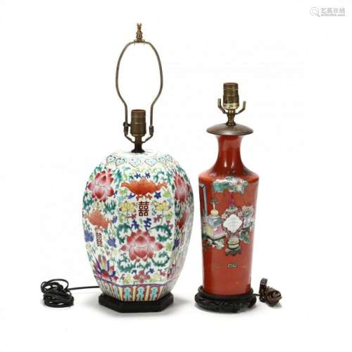 Two Chinese Famille Rose Porcelain Lamps