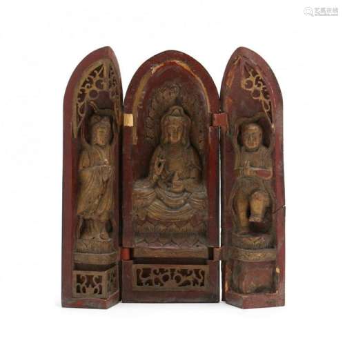 An Asian Portable Carved Wooden Buddhist Shrine