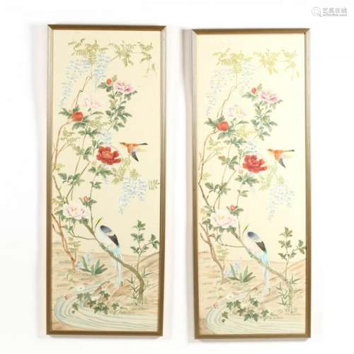 A Pair of Chinese Bird & Flower Panel Paintings on Silk