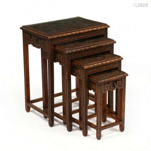 Vintage Set of Four Chinese Carved Nesting Tables