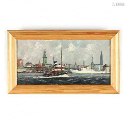 F. MÌ¦ller (German, 20th century), Harbor with Tugboat