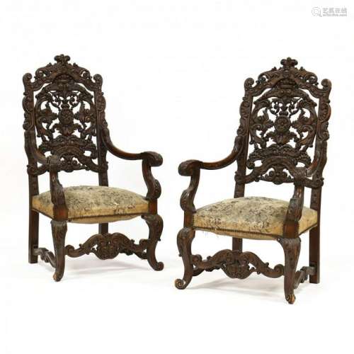 Pair of Renaissance Revival Carved Oak Hall Chairs