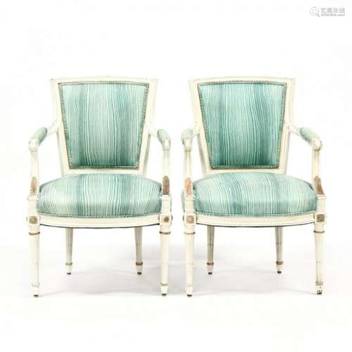 Pair of Louis XVI Style Carved and Painted Fauteuil
