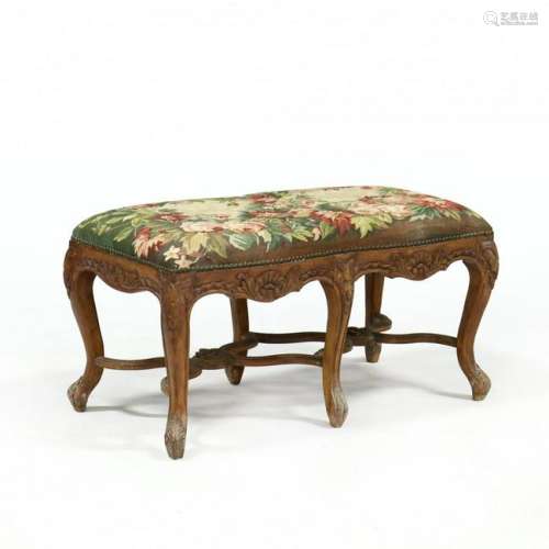 French Style Carved Mahogany Tapestry Upholstered Bench
