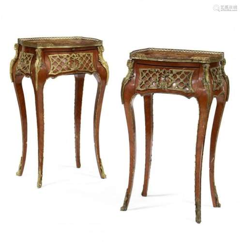 Pair of French Marquetry Inlaid and Ormolu Mounted Side