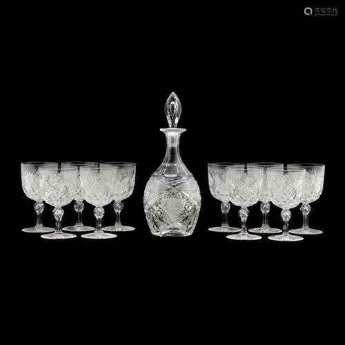 American Brilliant Period Cut Glass Decanter and Ten