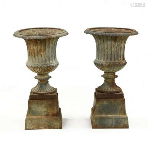 Pair of Classical Style Cast Iron Garden Urns on Stands