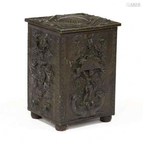 Renaissance Revival Repousse Brass Coal Box